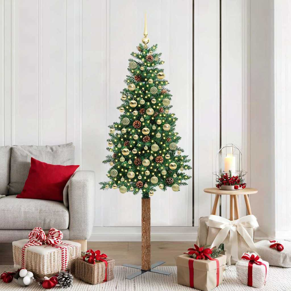 Karcsú műkarácsonyfa gömbdíszekkel, 180 cm, zöld, 300 LED, meleg fehér fény