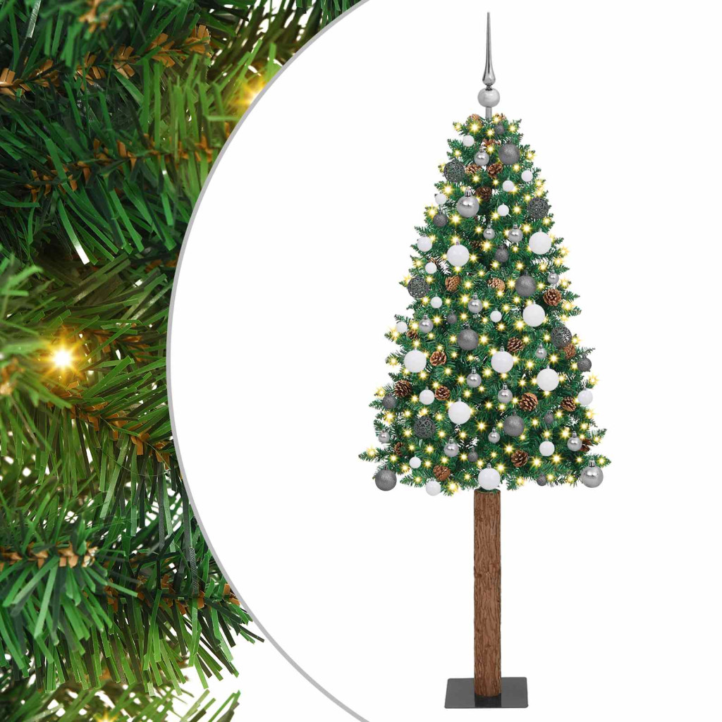 Karcsú műkarácsonyfa gömbdíszekkel, 210 cm, zöld, meleg fehér fény