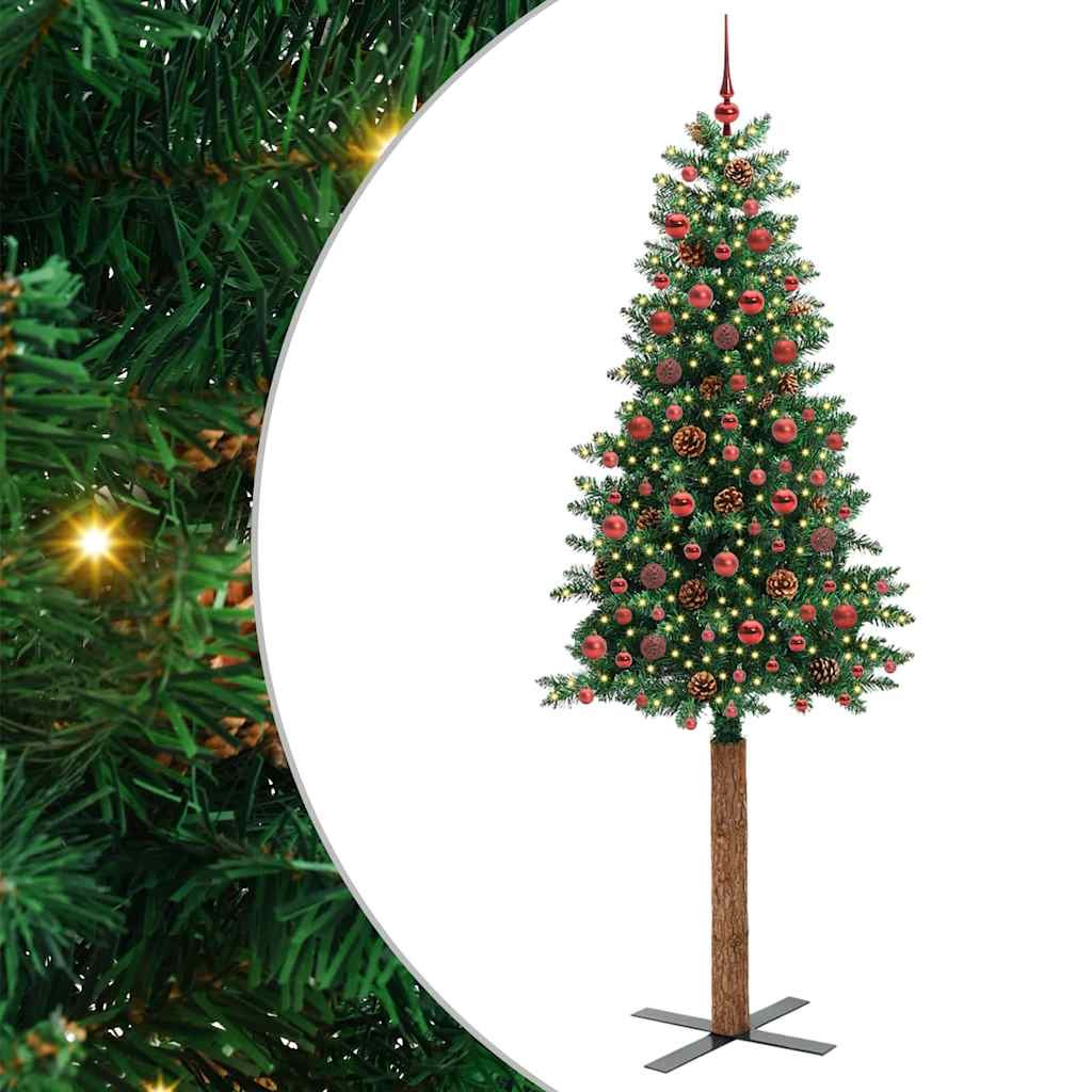 Karcsú műkarácsonyfa gömbdíszekkel, 210 cm, zöld, meleg fehér fény