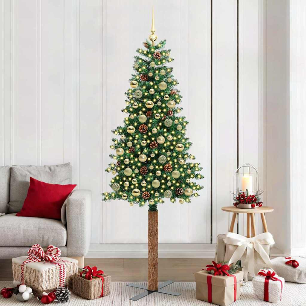 Karcsú műkarácsonyfa gömbdíszekkel, 210 cm, zöld, 300 LED, meleg fehér fény