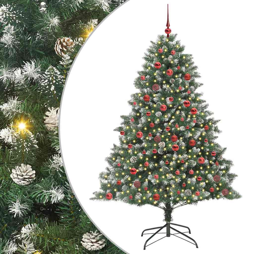 Műkarácsonyfa gömbdíszekkel, 180 cm, zöld, 300 LED, meleg fehér fény
