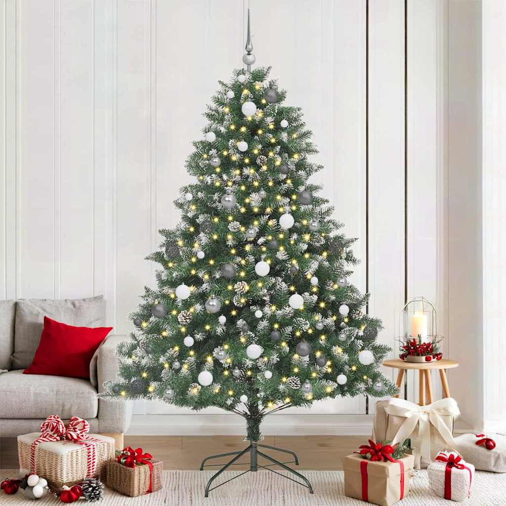 Műkarácsonyfa gömbdíszekkel, 210 cm, zöld, 300 LED, meleg fehér fény