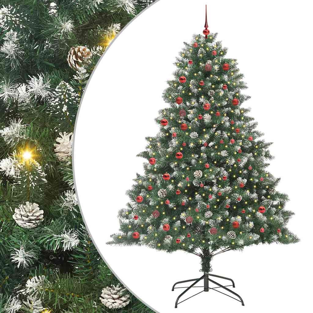 Műkarácsonyfa gömbdíszekkel, 210 cm, zöld, 300 LED, meleg fehér fény
