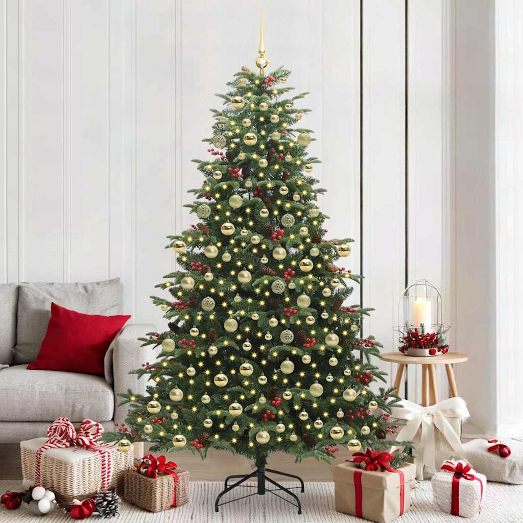 Műkarácsonyfa gömbdíszekkel, 210 cm, zöld, 300 LED, meleg fehér fény