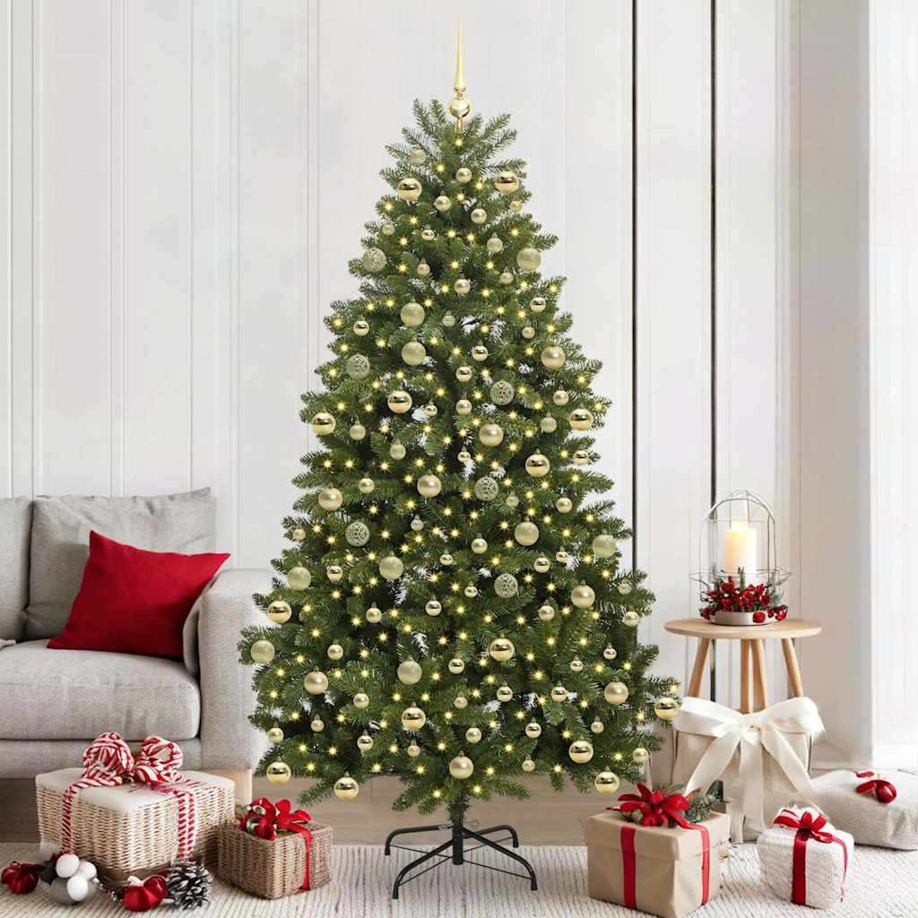 Műkarácsonyfa gömbdíszekkel, 106 × 106 × 210 cm, zöld, 300 LED, meleg fehér fény
