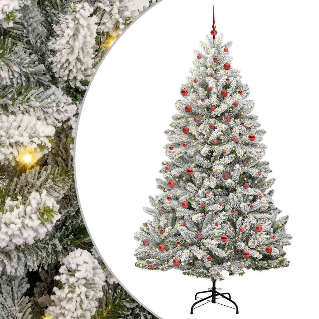 Műkarácsonyfa gömbdíszekkel, 106 × 106 × 210 cm, zöld és fehér, 300 LED, meleg fehér fény
