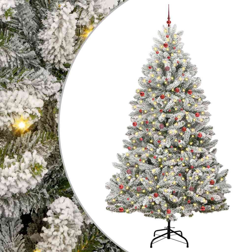Műkarácsonyfa gömbdíszekkel, 138 × 138 × 300 cm, zöld és fehér, 300 LED, meleg fehér fény