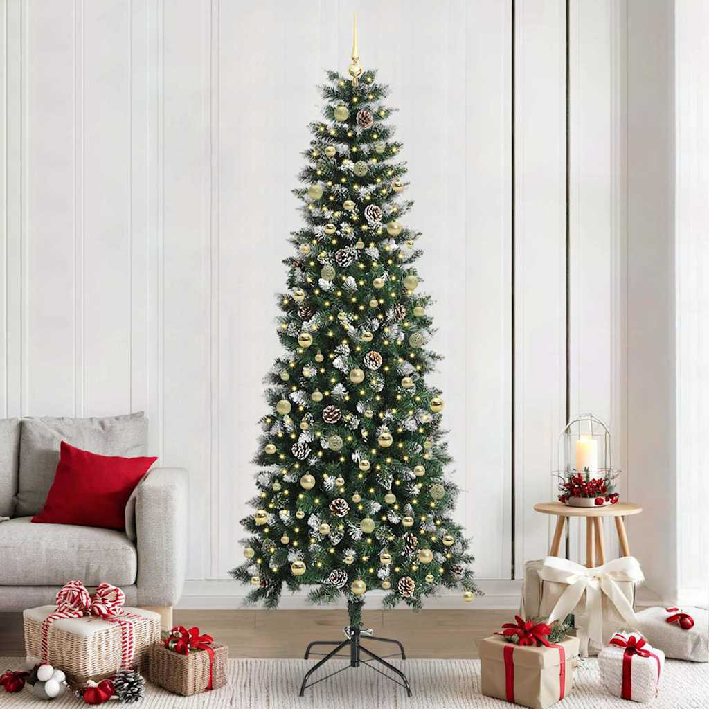 Műkarácsonyfa gömbdíszekkel, 240 cm, zöld, meleg fehér fény