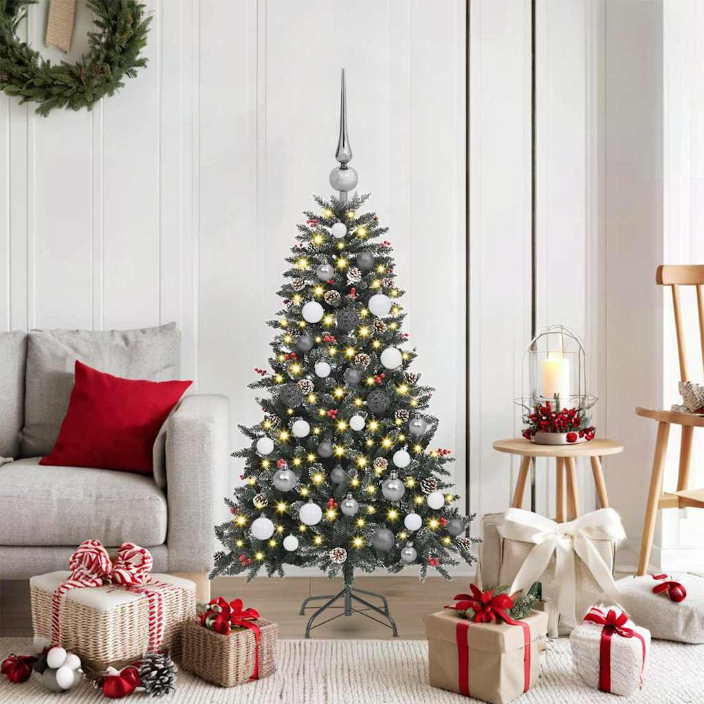 Műkarácsonyfa gömbdíszekkel, 120 cm, zöld, 150 LED, meleg fehér fény, 279 ágvég