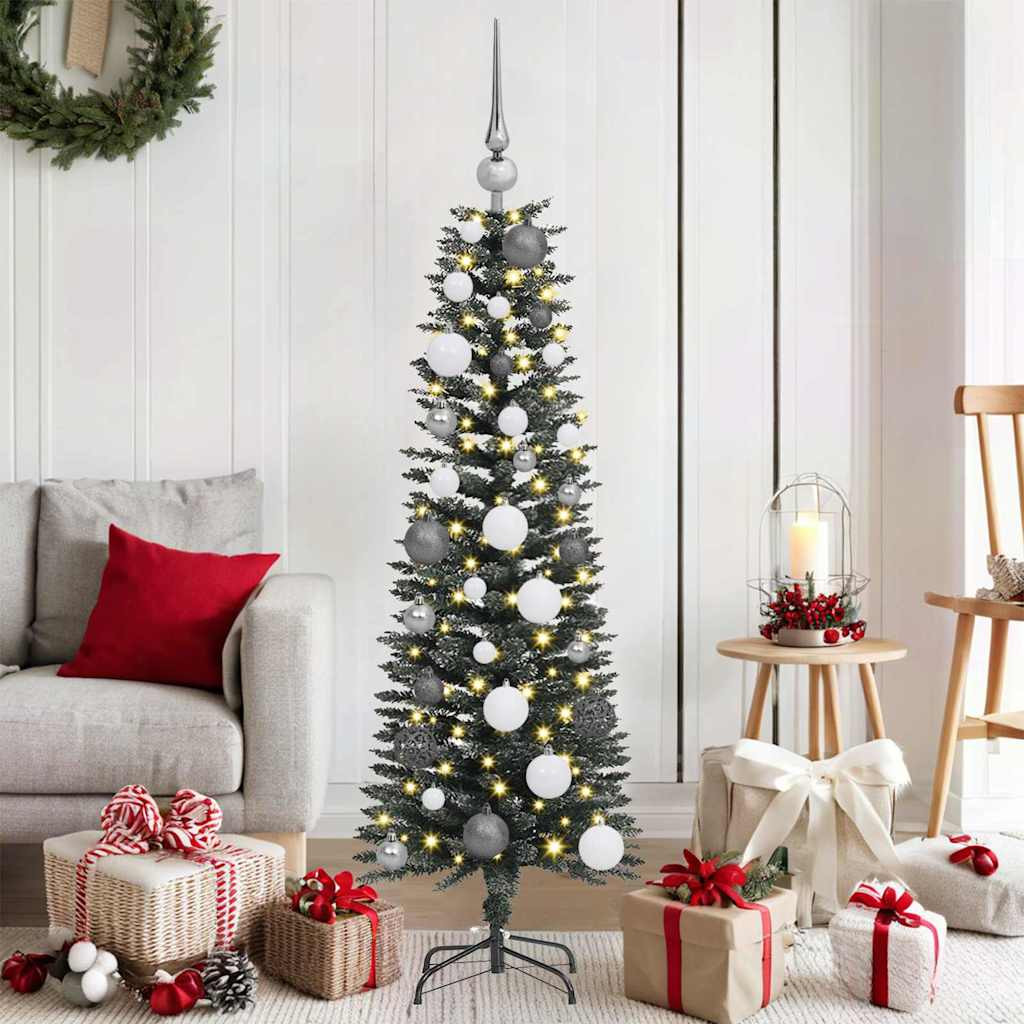 Műkarácsonyfa gömbdíszekkel, 120 cm, zöld, 150 LED, meleg fehér fény, 152 ágvég