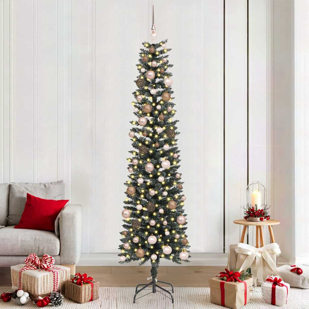 Műkarácsonyfa gömbdíszekkel, 210 cm, zöld, 300 LED, meleg fehér fény, 356 ágvég