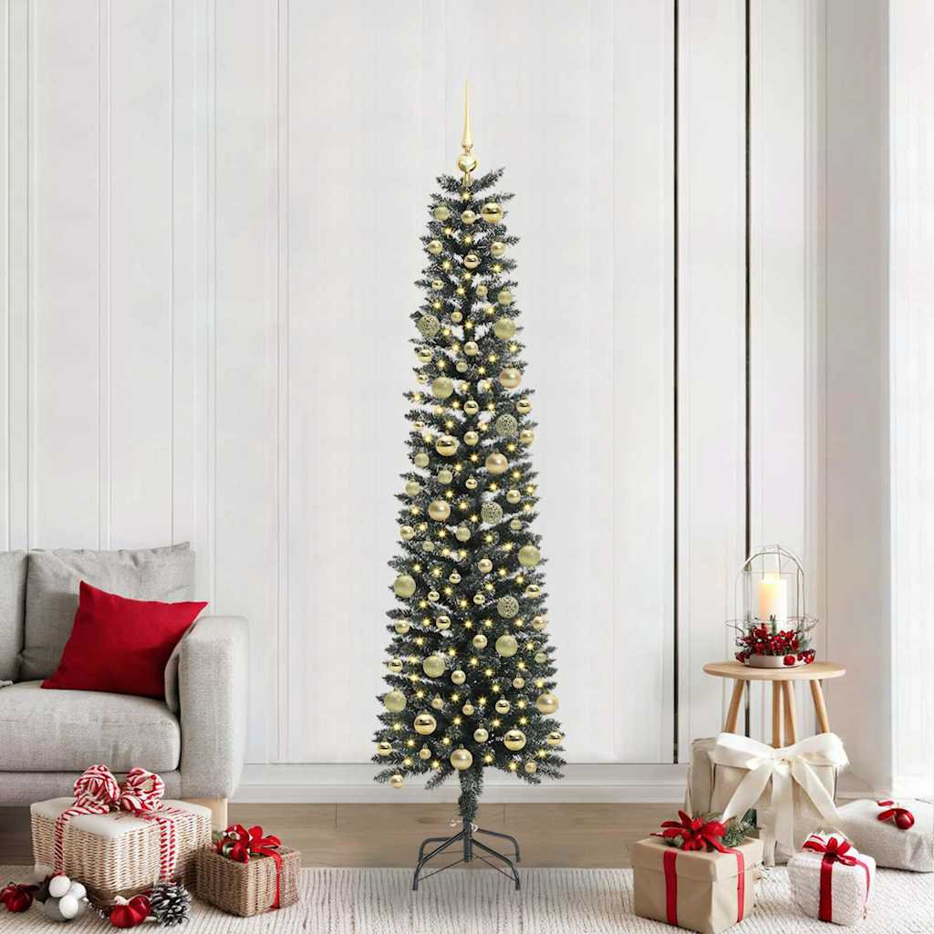 Műkarácsonyfa gömbdíszekkel, 58 × 58 × 210 cm, zöld, meleg fehér fény