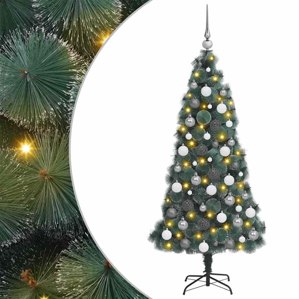Műkarácsonyfa gömbdíszekkel, 150 cm, zöld, 150 LED, meleg fehér fény
