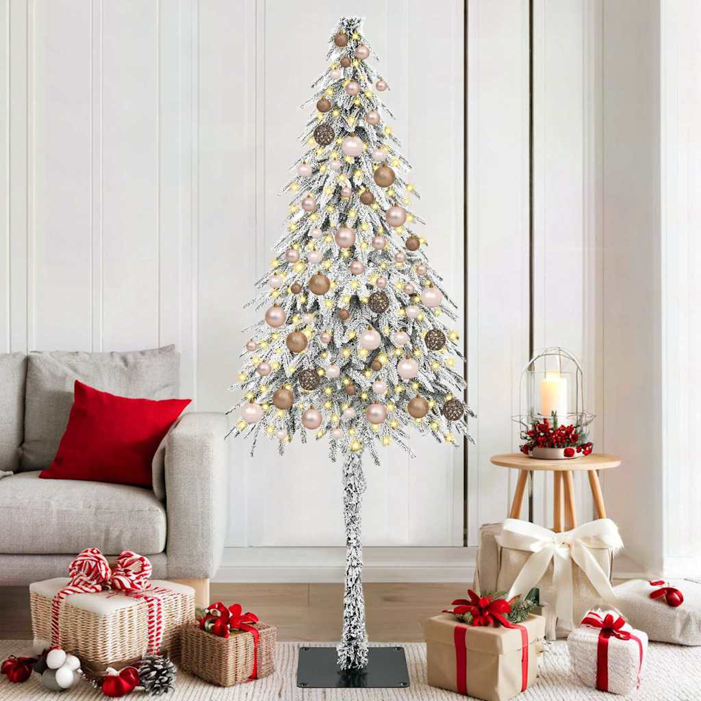Műkarácsonyfa gömbdíszekkel, 180 cm, fehér, 300 LED, meleg fehér fény