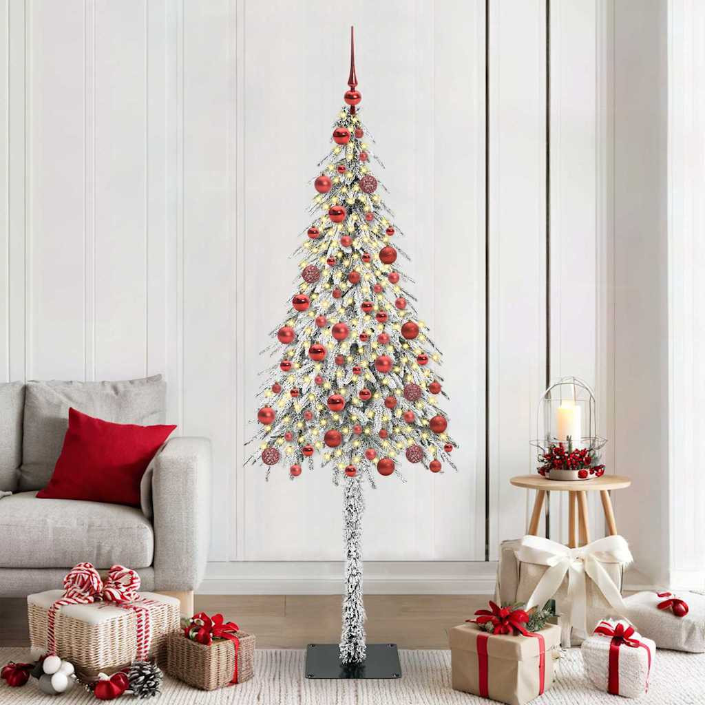 Műkarácsonyfa gömbdíszekkel, 180 cm, fehér, 300 LED, meleg fehér fény