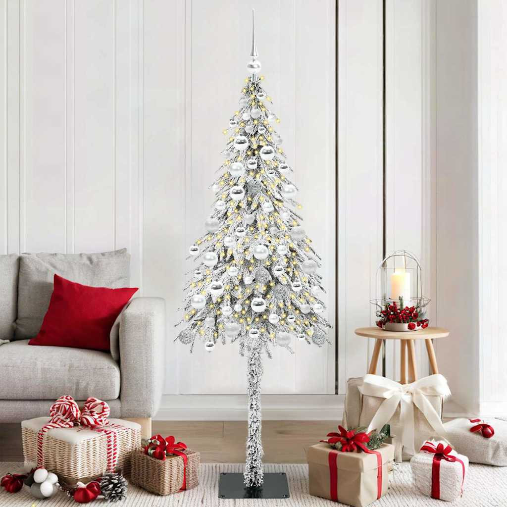 Műkarácsonyfa gömbdíszekkel, 180 cm, fehér, 300 LED, meleg fehér fény