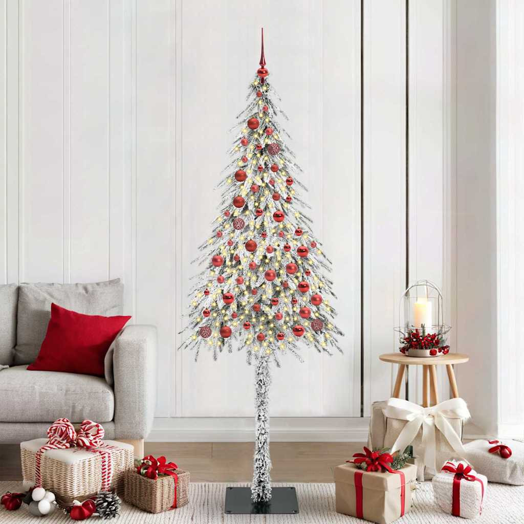 Műkarácsonyfa gömbdíszekkel, 210 cm, fehér, 300 LED, meleg fehér fény