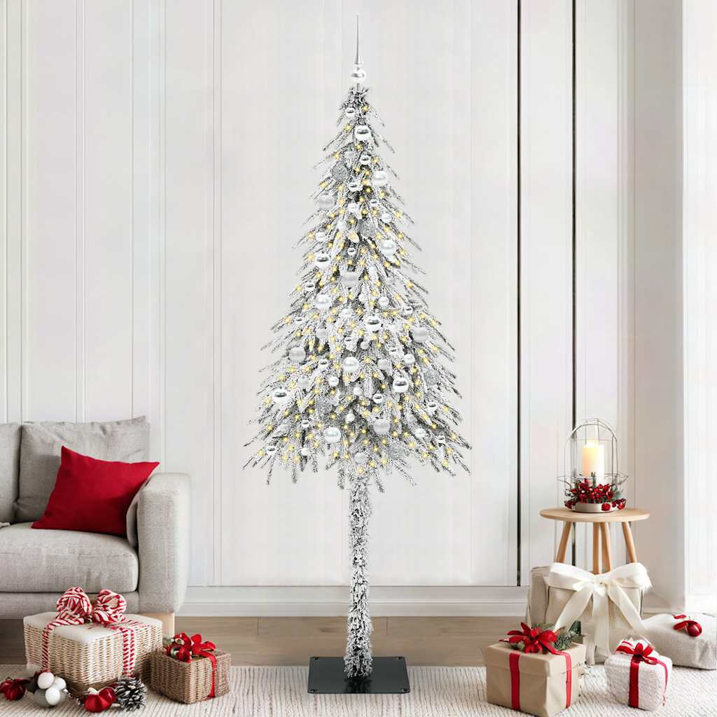 Műkarácsonyfa gömbdíszekkel, 210 cm, fehér, 300 LED, meleg fehér fény