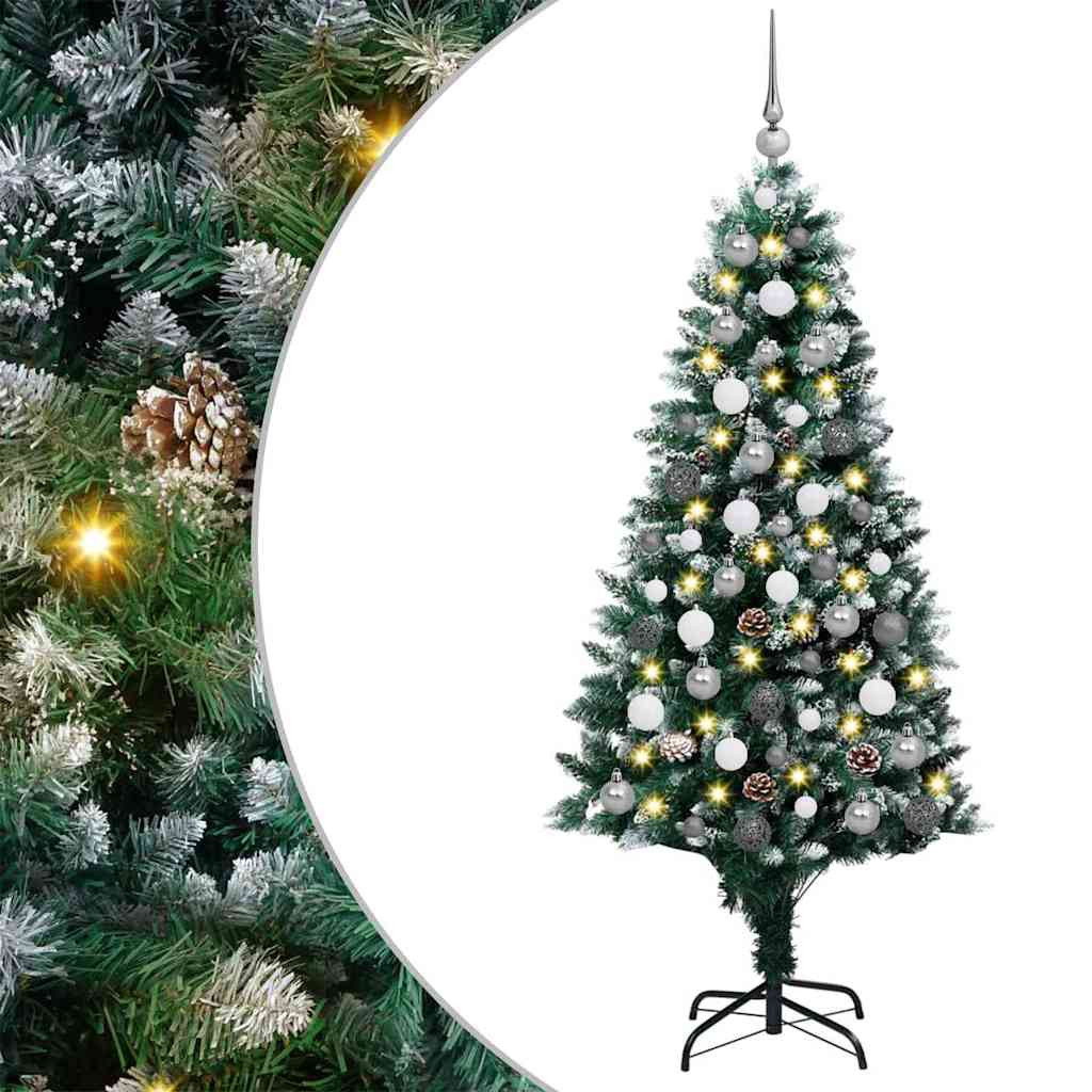 Műkarácsonyfa gömbdíszekkel, 180 cm, zöld, 300 LED, meleg fehér fény