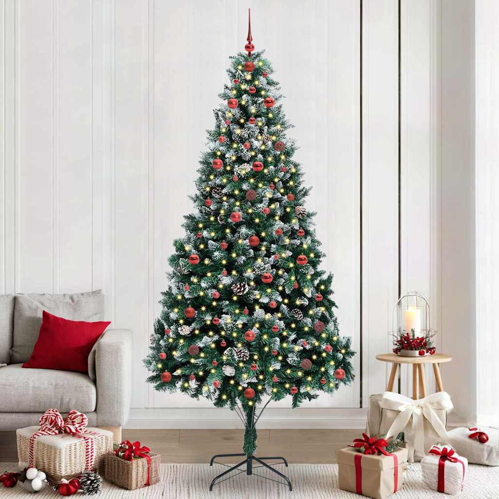 Műkarácsonyfa gömbdíszekkel, 240 cm, zöld, 300 LED, meleg fehér fény