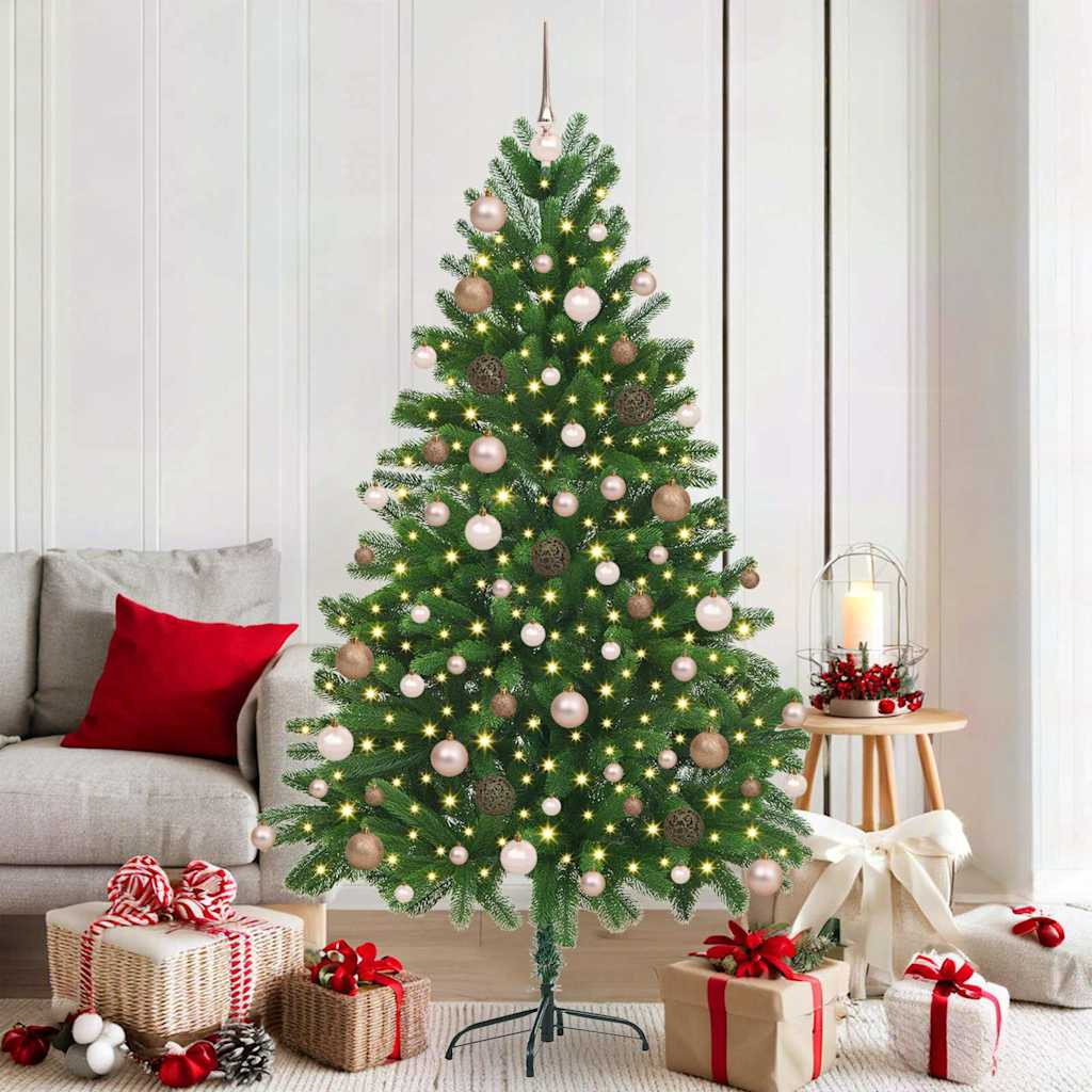 Műkarácsonyfa gömbdíszekkel, 180 cm, zöld, 300 LED, meleg fehér fény