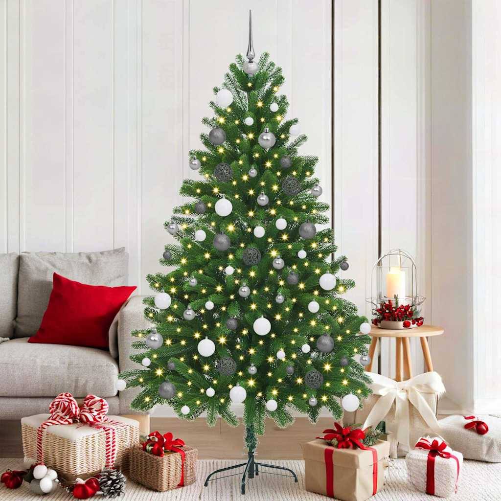 Műkarácsonyfa gömbdíszekkel, 180 cm, zöld, 300 LED, meleg fehér fény
