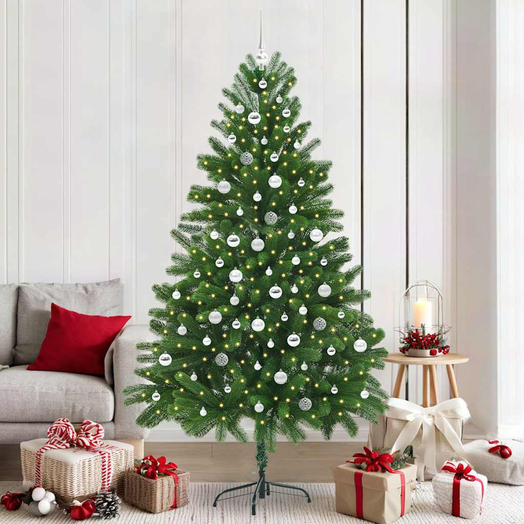Műkarácsonyfa gömbdíszekkel, 210 cm, zöld, 300 LED, meleg fehér fény