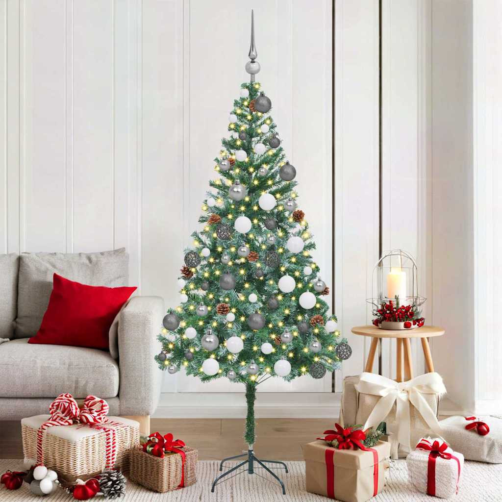 Műkarácsonyfa gömbdíszekkel, 180 cm, zöld, 300 LED, meleg fehér fény