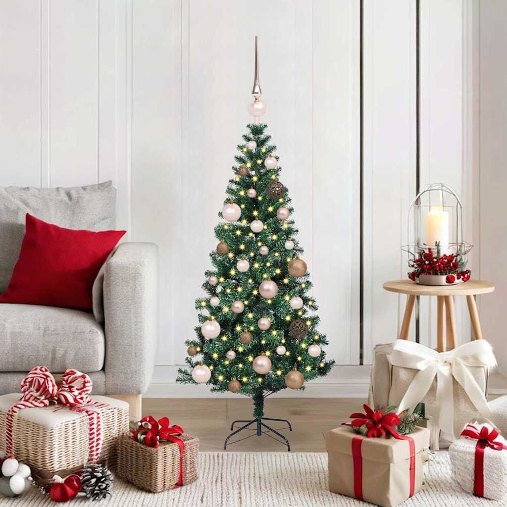 Műkarácsonyfa gömbdíszekkel, 120 cm, zöld, 150 LED, meleg fehér fény