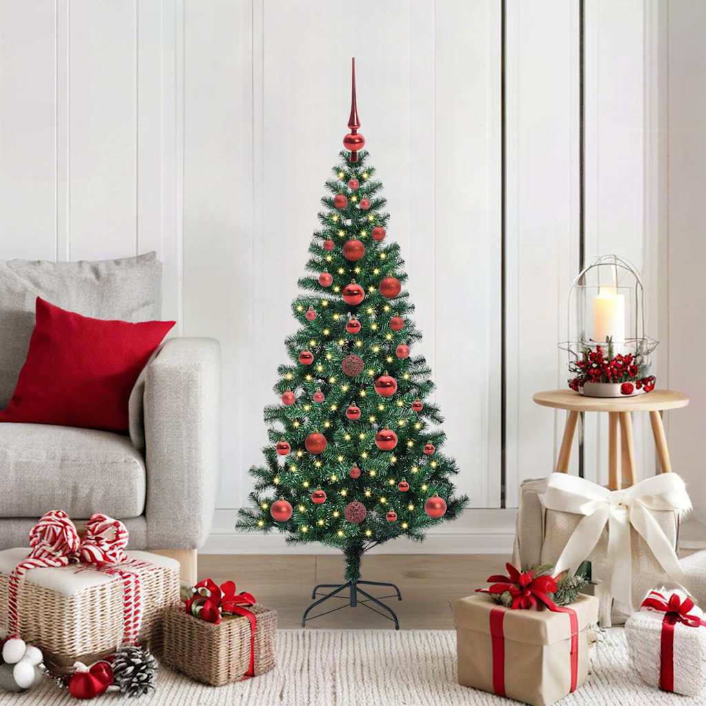 Műkarácsonyfa gömbdíszekkel, 120 cm, zöld, 150 LED, meleg fehér fény