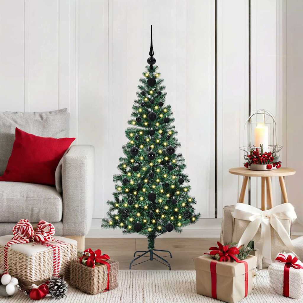 Műkarácsonyfa gömbdíszekkel, 120 cm, zöld, 150 LED, meleg fehér fény