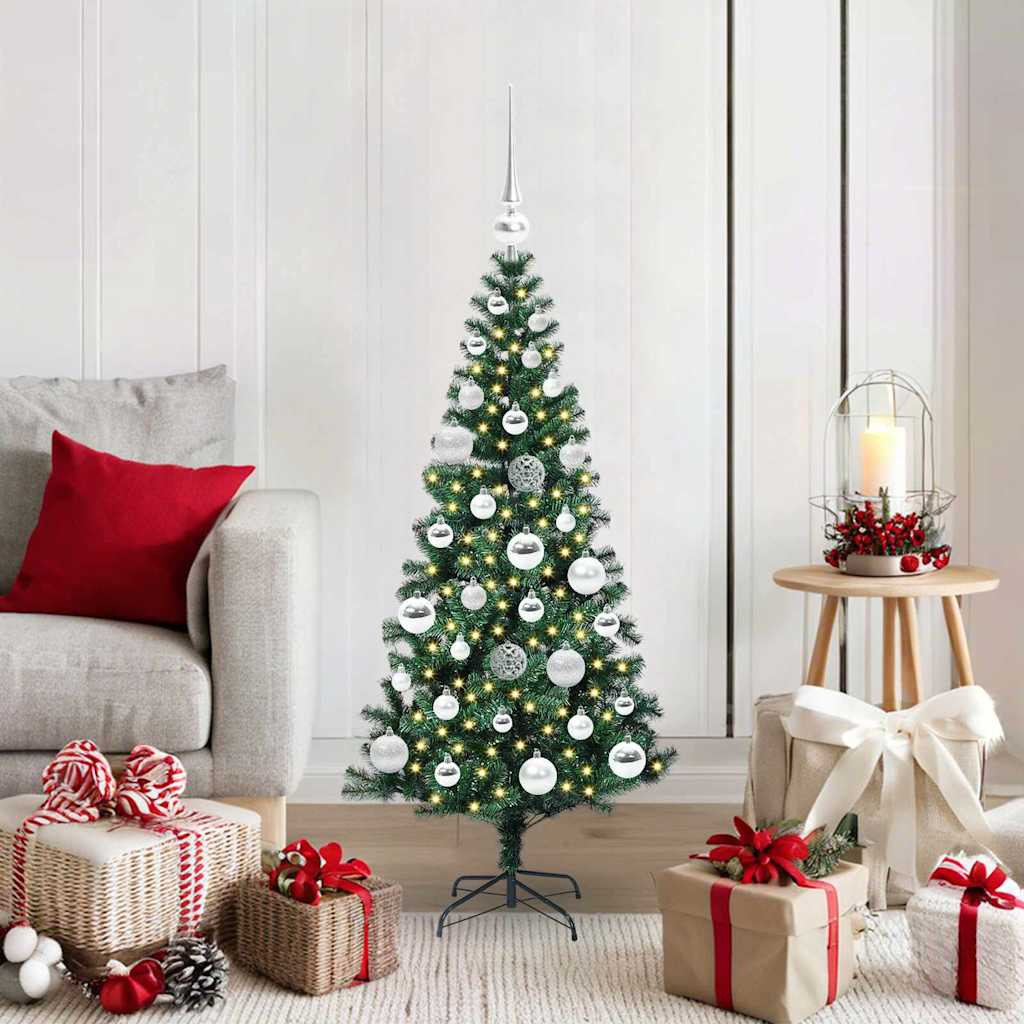 Műkarácsonyfa gömbdíszekkel, 120 cm, zöld, 150 LED, meleg fehér fény