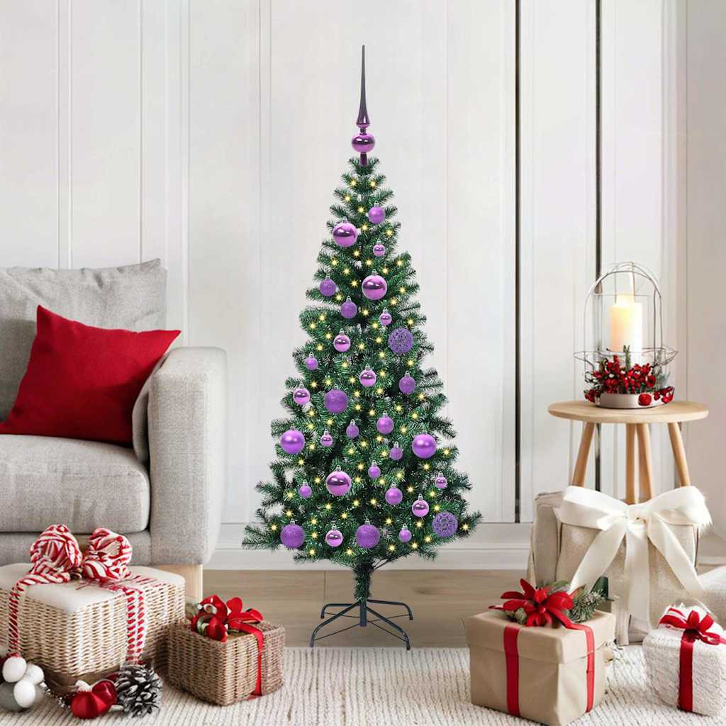 Műkarácsonyfa gömbdíszekkel, 120 cm, zöld, 150 LED, meleg fehér fény