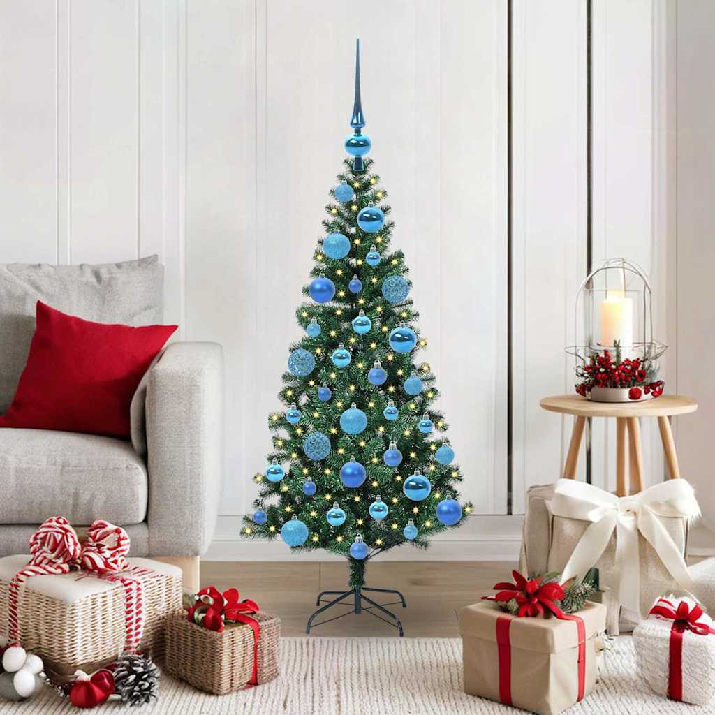 Műkarácsonyfa gömbdíszekkel, 120 cm, zöld, 150 LED, meleg fehér fény