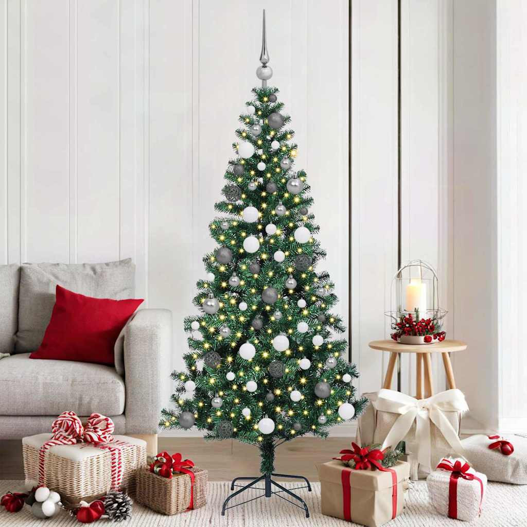 Műkarácsonyfa gömbdíszekkel, 180 cm, zöld, 300 LED, meleg fehér fény