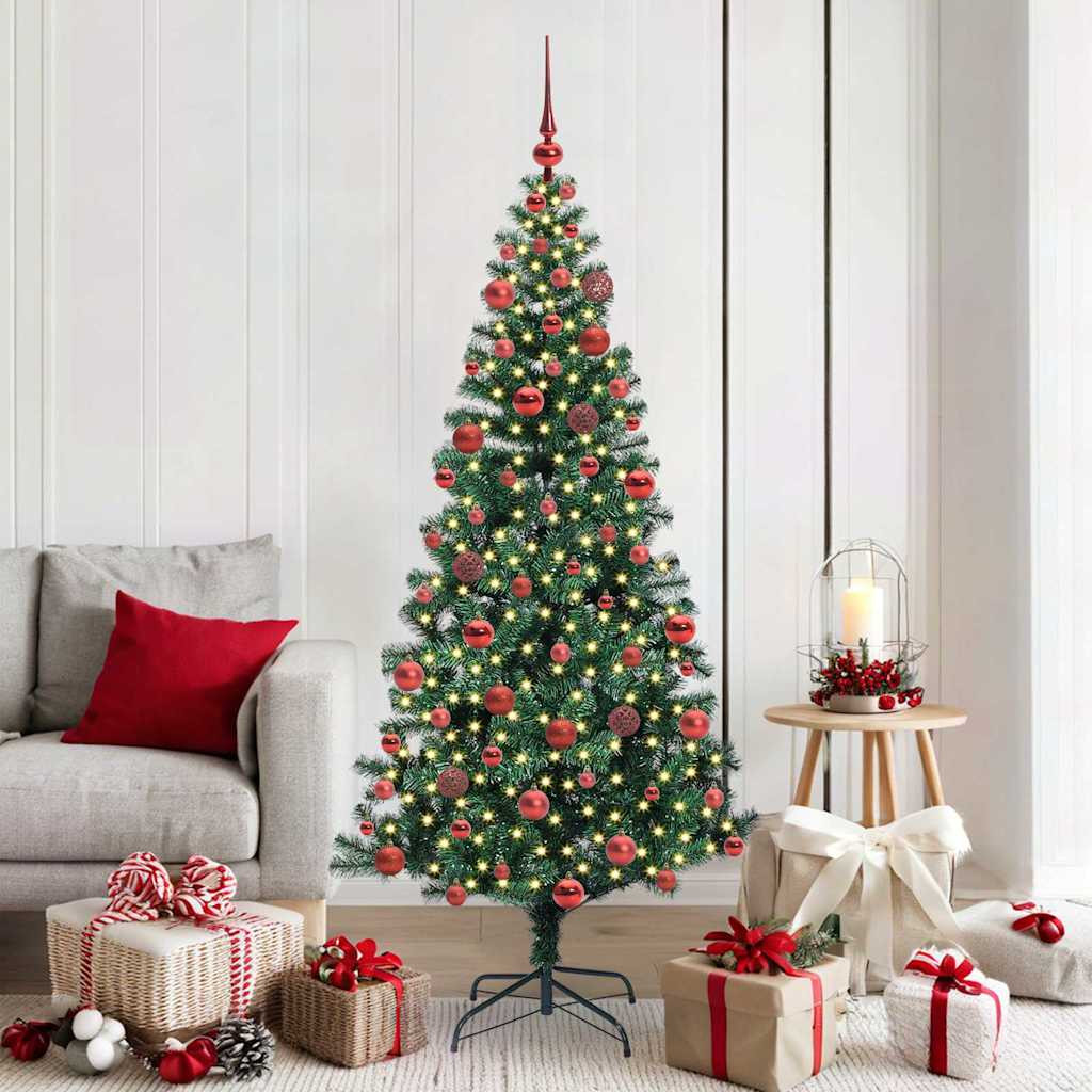 Műkarácsonyfa gömbdíszekkel, 180 cm, zöld, 300 LED, meleg fehér fény