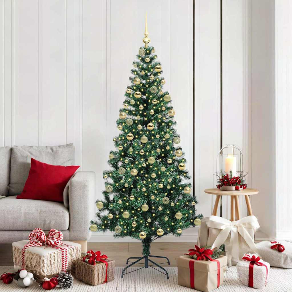 Műkarácsonyfa gömbdíszekkel, 180 cm, zöld, 300 LED, meleg fehér fény