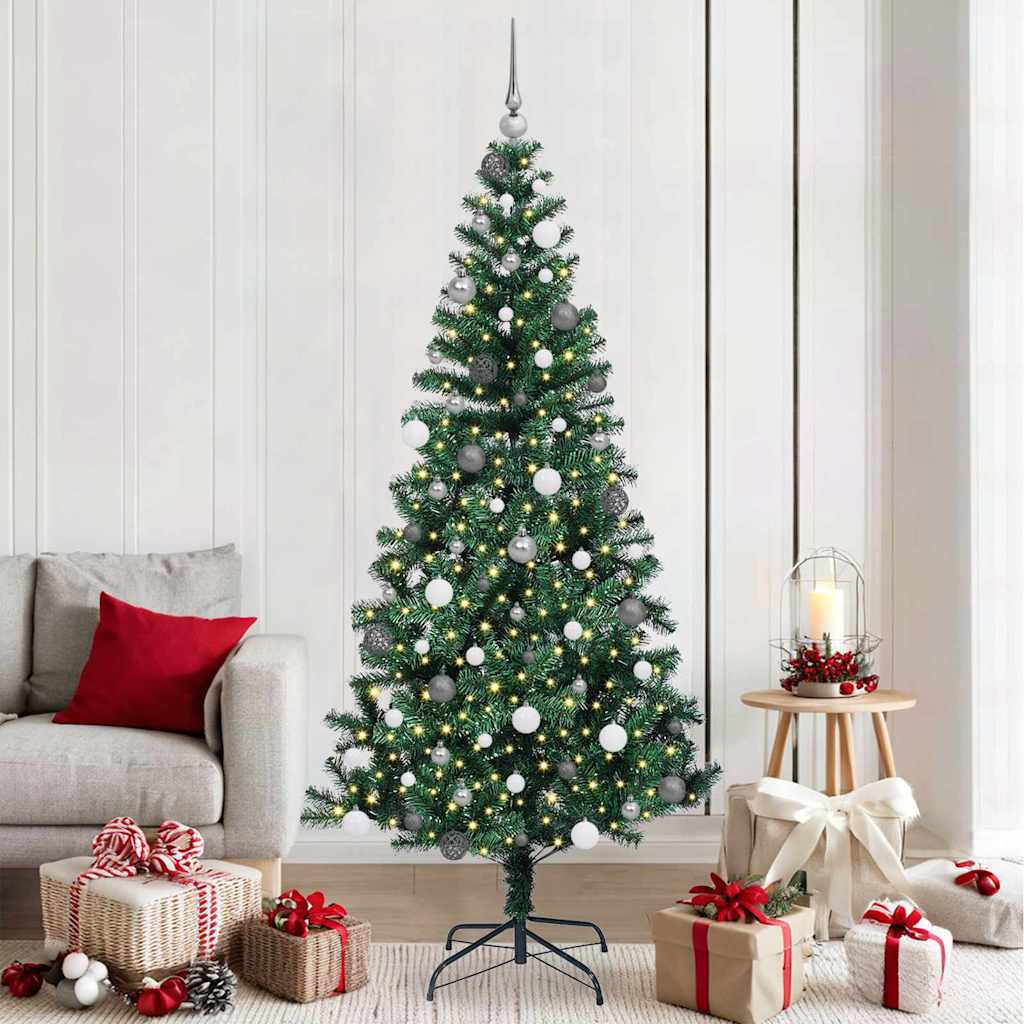 Műkarácsonyfa gömbdíszekkel, 210 cm, zöld, 300 LED, meleg fehér fény