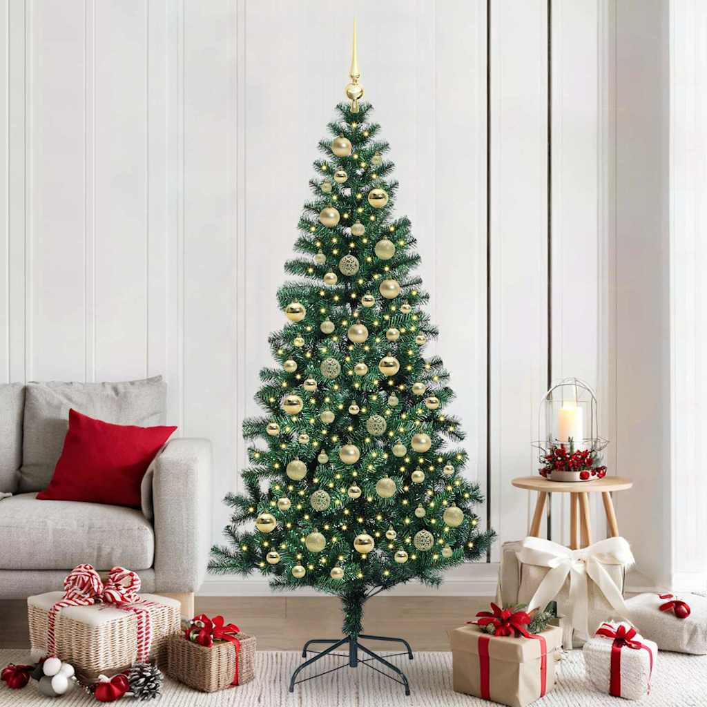 Műkarácsonyfa gömbdíszekkel, 210 cm, zöld, 300 LED, meleg fehér fény