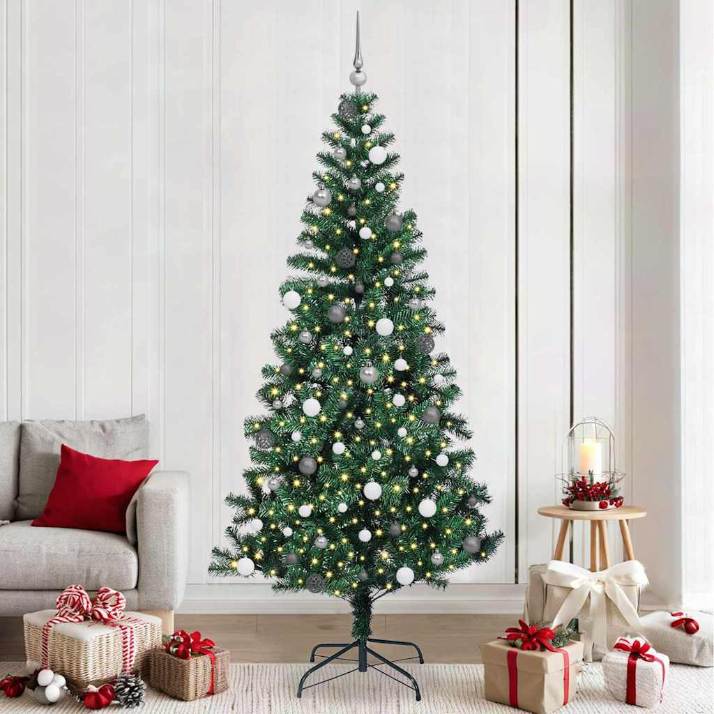 Műkarácsonyfa gömbdíszekkel, 240 cm, zöld, 300 LED, meleg fehér fény
