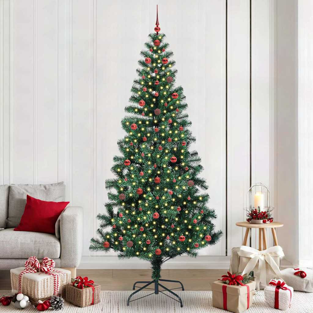 Műkarácsonyfa gömbdíszekkel, 240 cm, zöld, 300 LED, meleg fehér fény