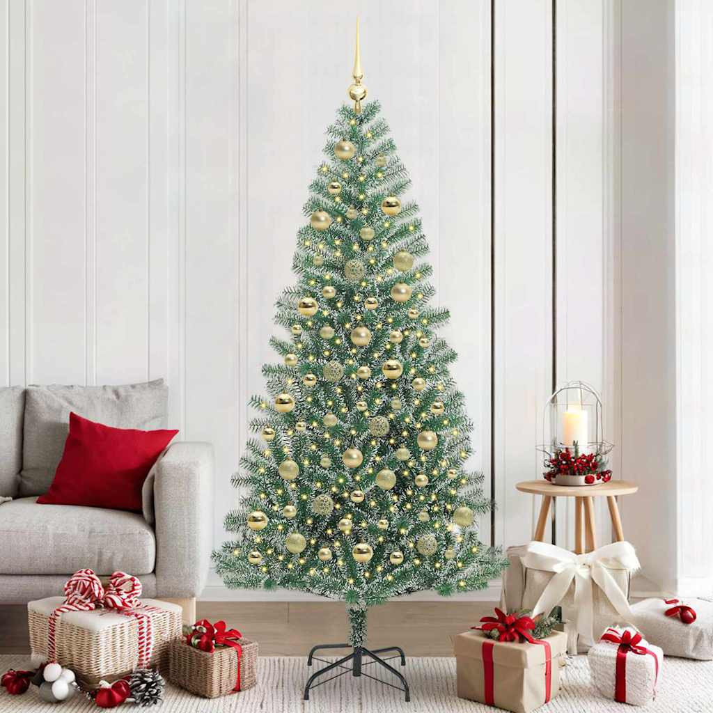 Havas hatású műkarácsonyfa gömbdíszekkel, 105 × 105 × 210 cm, zöld és fehér, 300 LED, meleg fehér fény