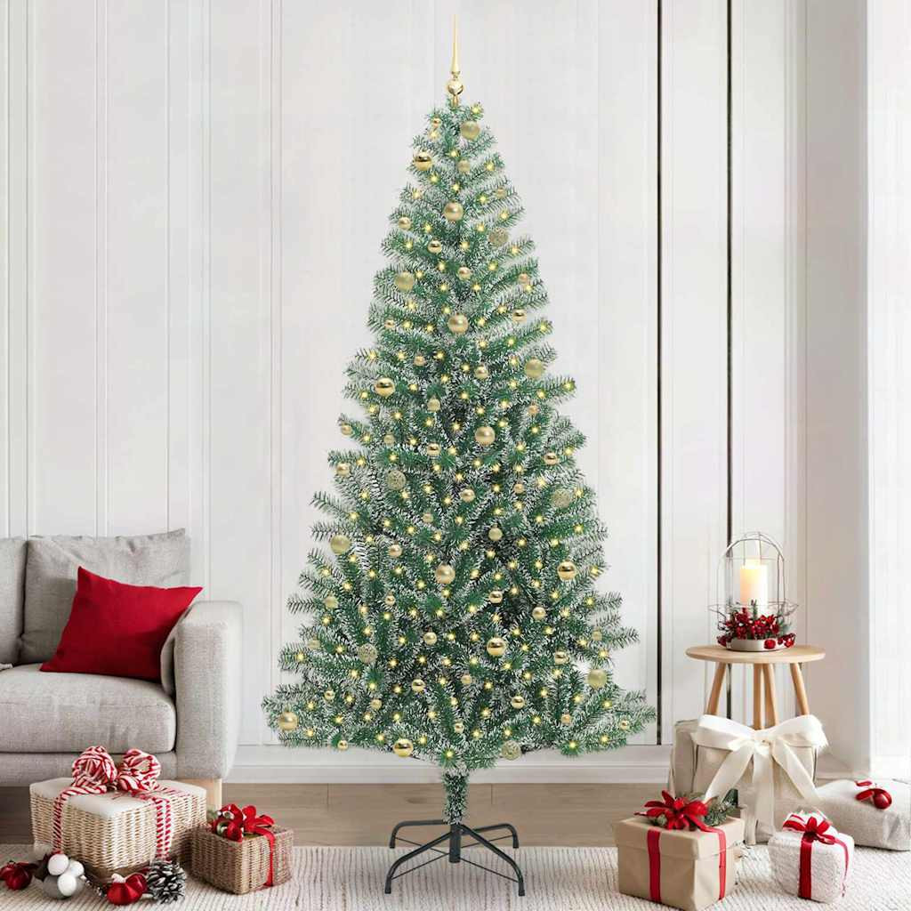Havas hatású műkarácsonyfa gömbdíszekkel, 240 cm, zöld és fehér, 300 LED, meleg fehér fény