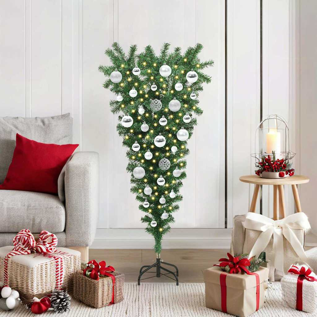 Fejjel lefelé álló műkarácsonyfa gömbdíszekkel, 120 cm, zöld, 150 LED, meleg fehér fény