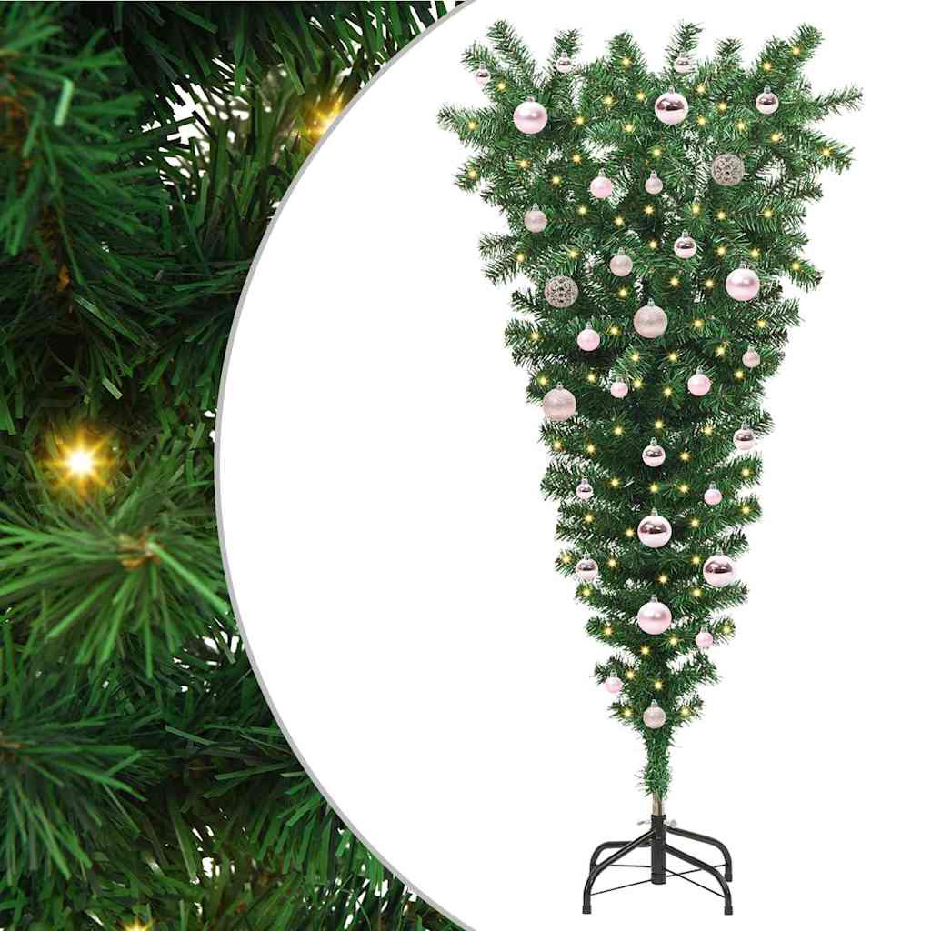 Fejjel lefelé álló műkarácsonyfa, 150 cm, zöld, 150 LED, meleg fehér