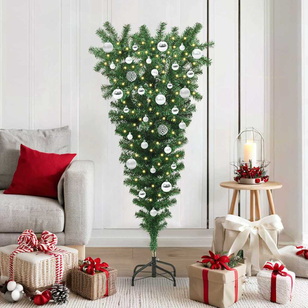 Fejjel lefelé álló műkarácsonyfa, 150 cm, zöld, 150 LED, meleg fehér