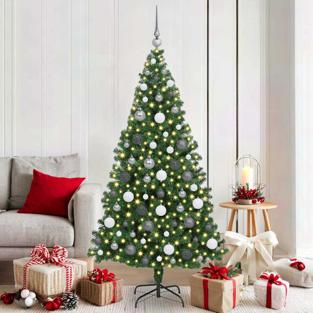Műkarácsonyfa gömbdíszekkel, 180 cm, zöld, 300 LED, meleg fehér fény