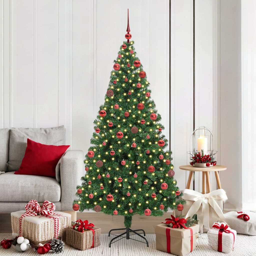 Műkarácsonyfa gömbdíszekkel, 180 cm, zöld, 300 LED, meleg fehér fény