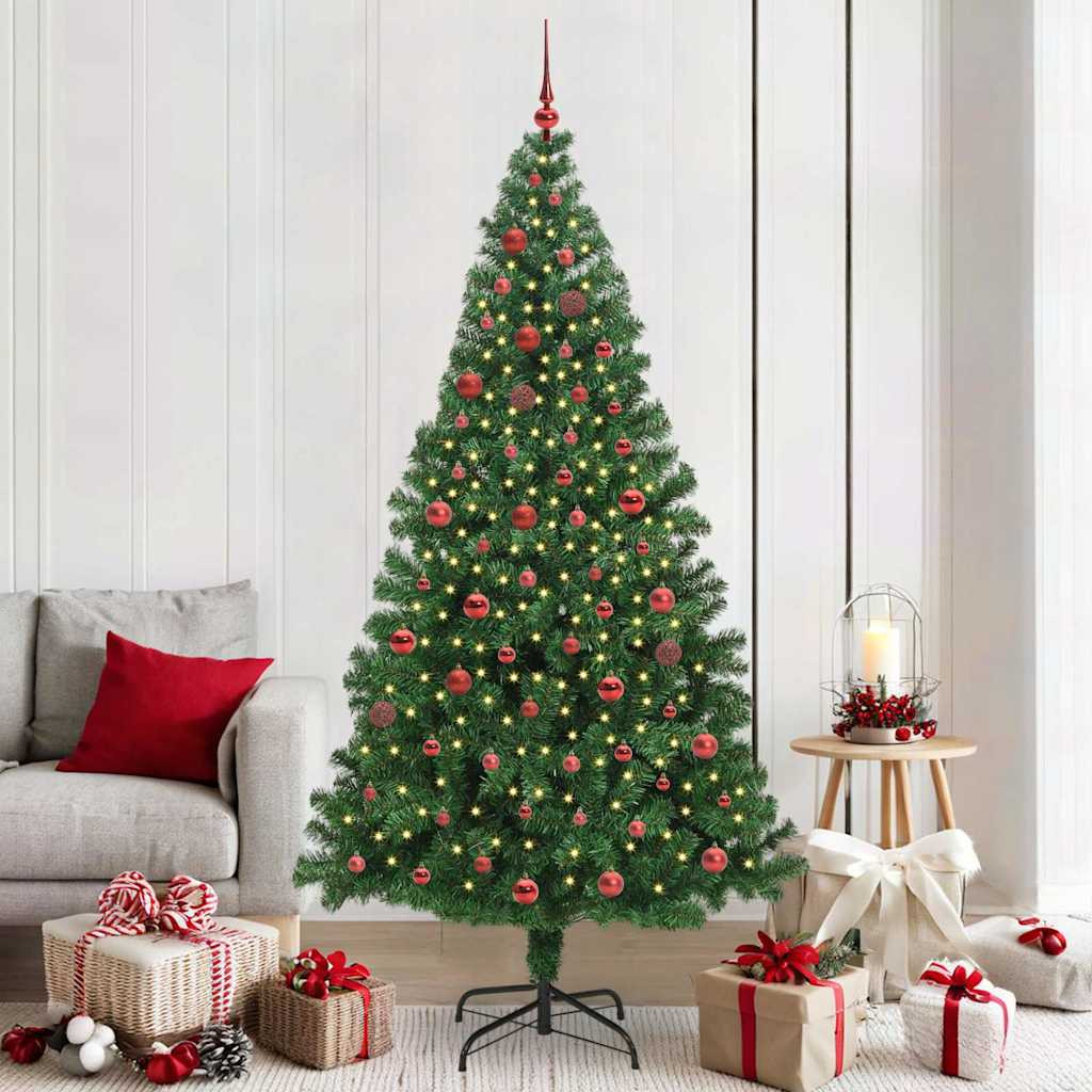 Műkarácsonyfa gömbdíszekkel, 210 cm, zöld, 300 LED, meleg fehér fény