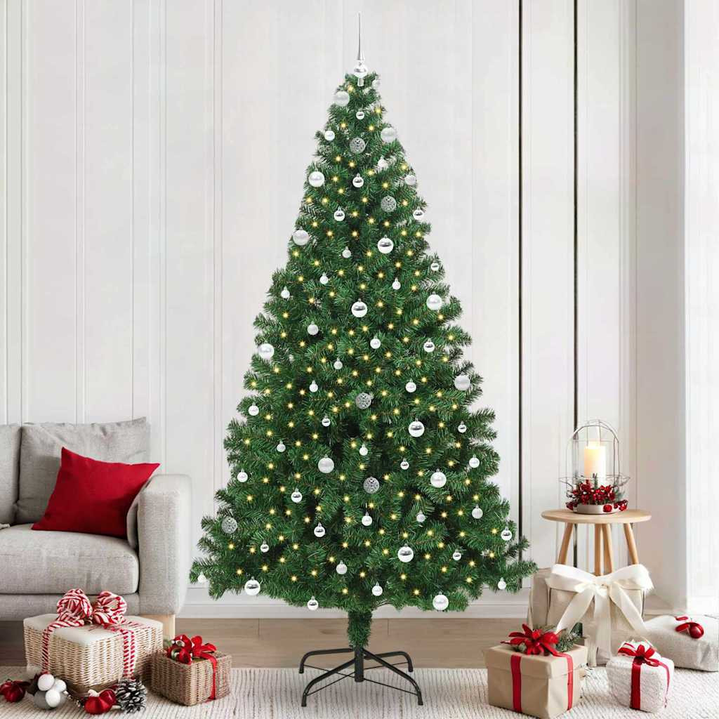 Műkarácsonyfa gömbdíszekkel, 240 cm, zöld, 300 LED, meleg fehér fény